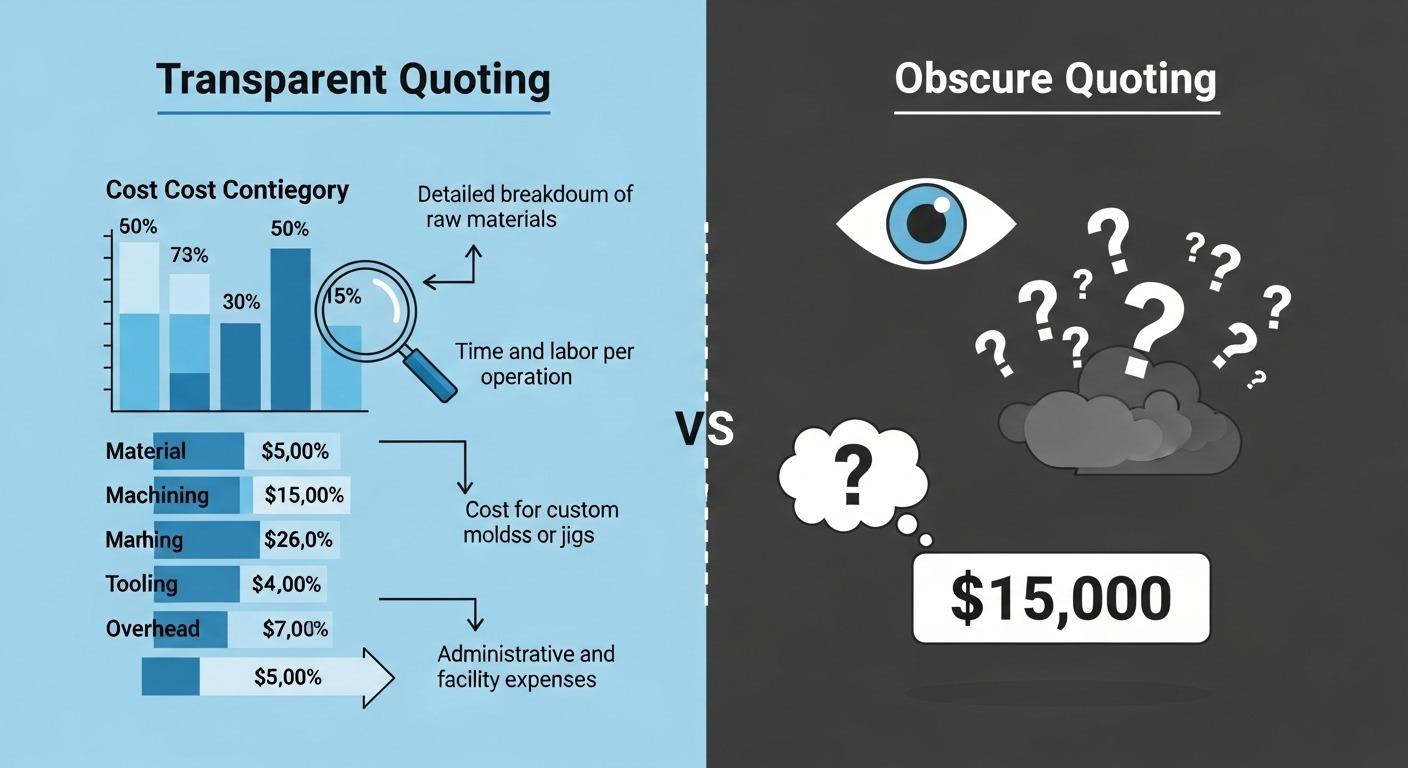 Infographic comparing transparent CNC machining quotes with detailed breakdowns for material machining and tooling costs versus obscure single