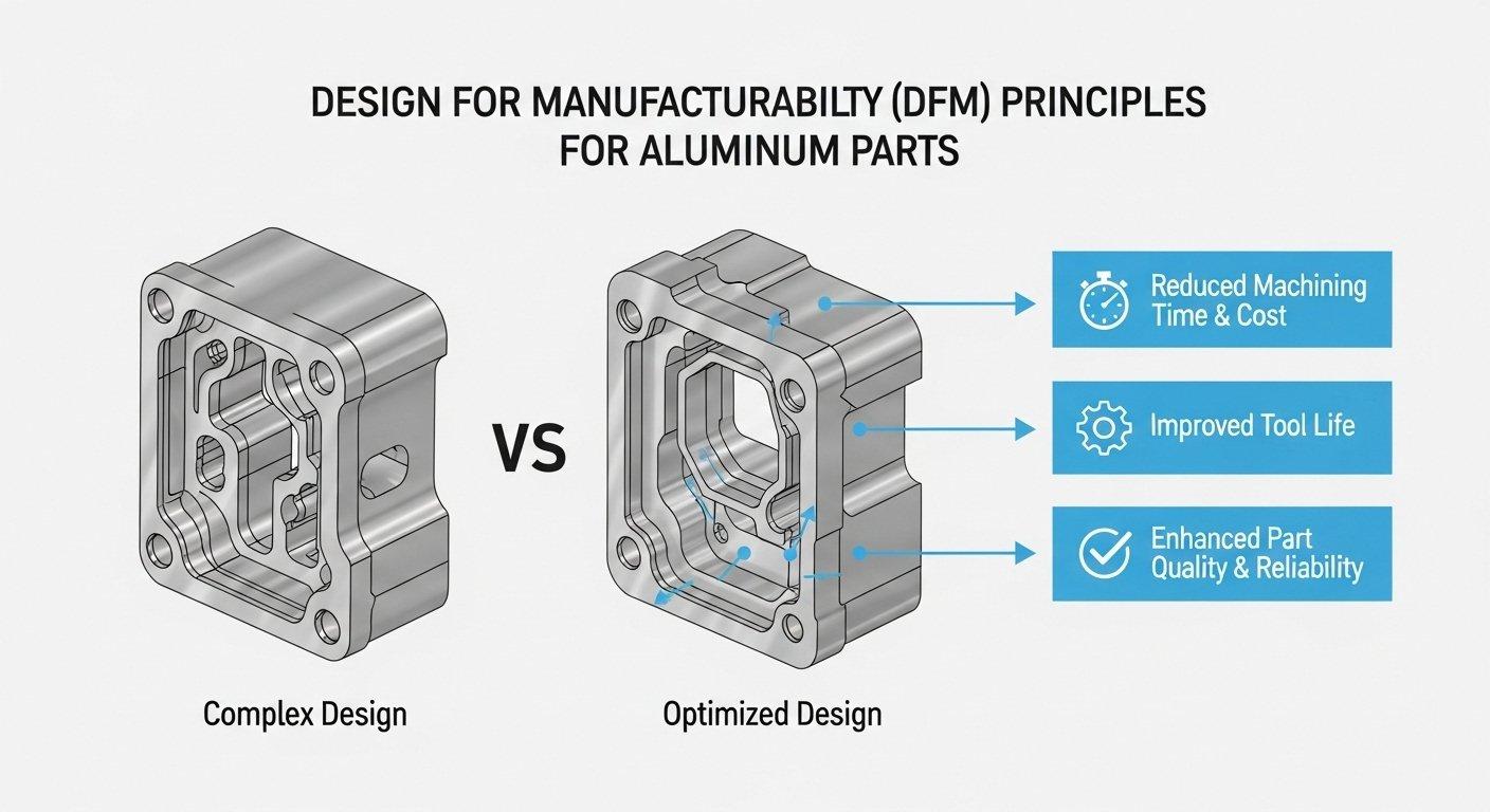 Infographic demonstrating Design for Manufacturability DFM principles for aluminum CNC machining comparing a complex part design with an optimi
