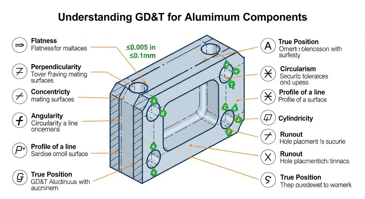Infographic detailing GDT symbols for flatness perpendicularity concentricity and true position applied to an aluminum CNC machined component