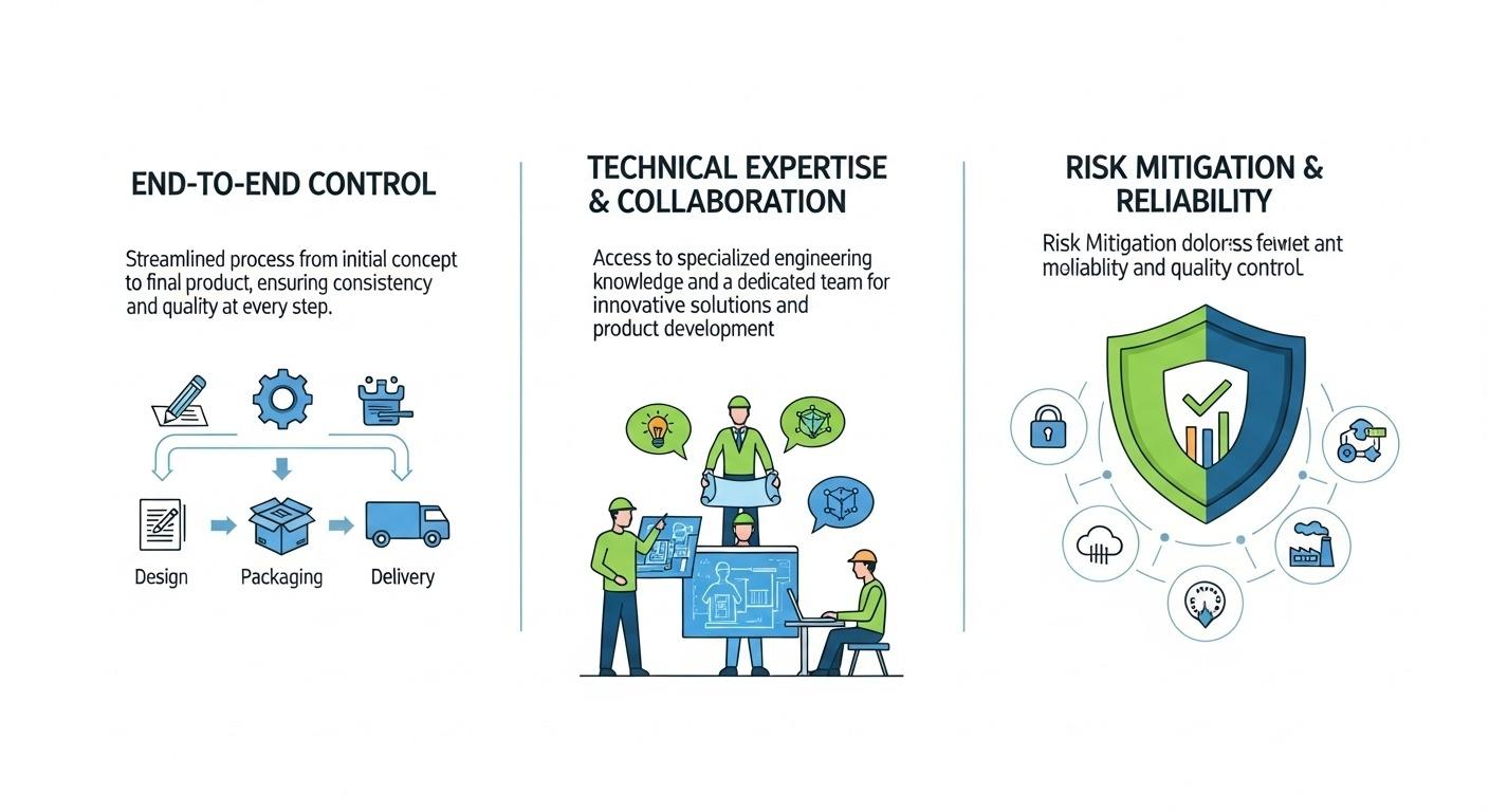 Infographic detailing the benefits of partnering with an aluminum CNC machining source manufacturer emphasizing end to end quality control from d