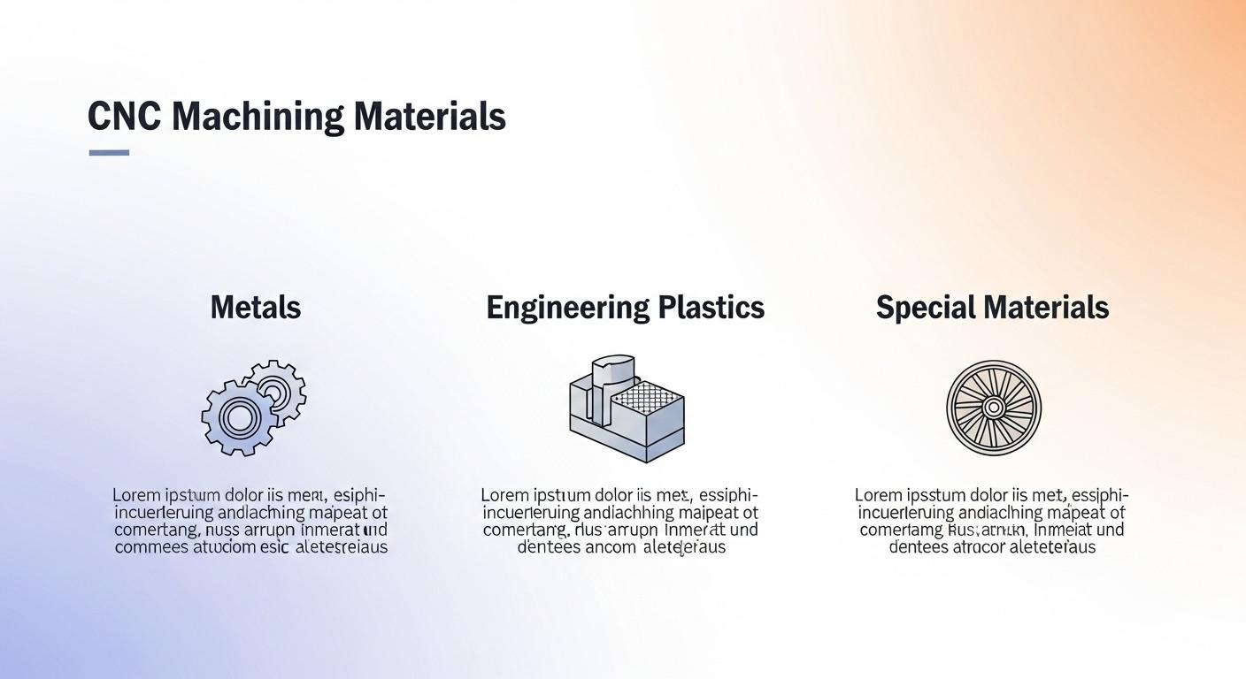 Infografía que ilustra los materiales comunes en el mecanizado CNC: Metales, por ejemplo, engranajes; Plásticos de ingeniería, por ejemplo, carcasas; y Materiales especiales, por ejemplo, t
