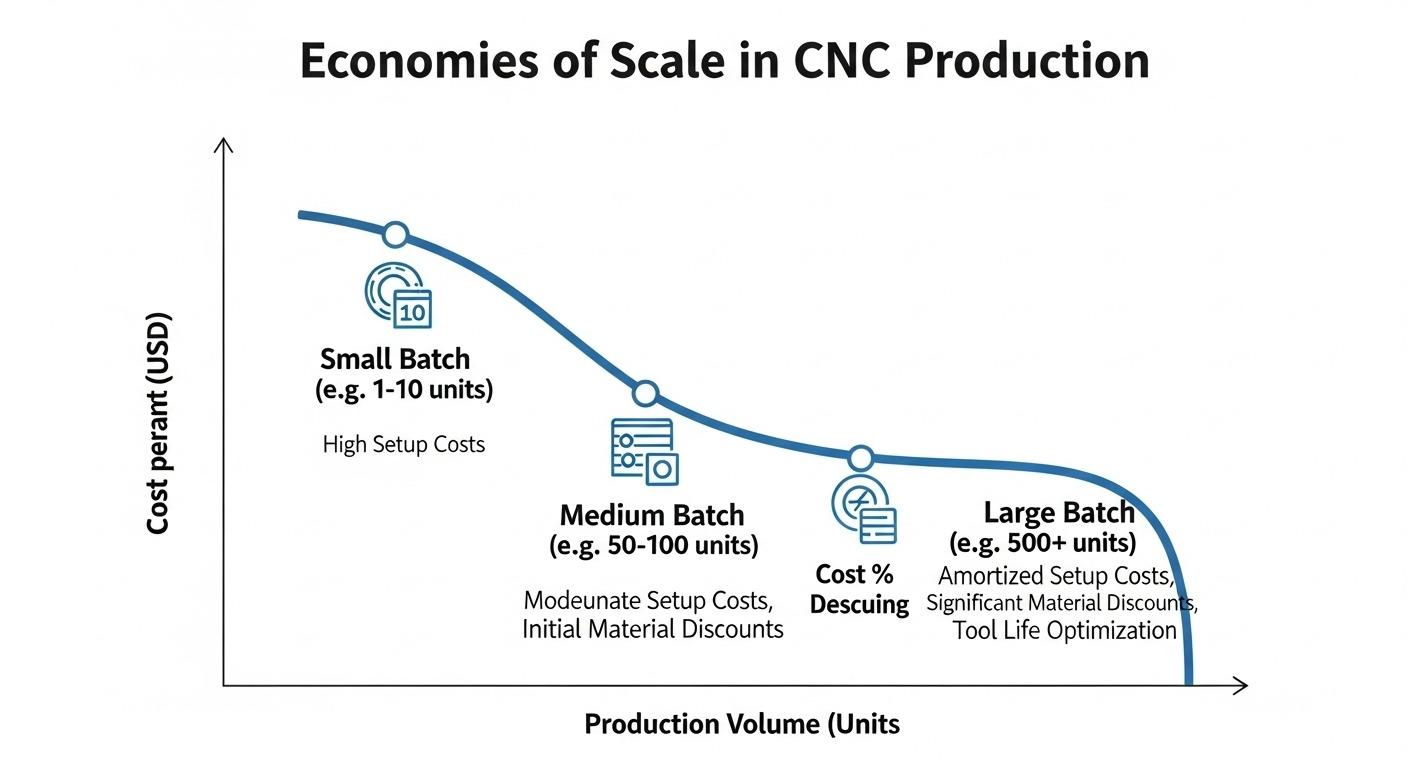 CNC üretiminde ölçek ekonomilerini gösteren infografik, üretim hacmi arttıkça birim maliyetin azaldığını gösteren eğri ile birlikte