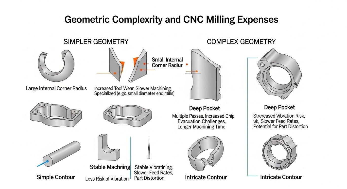 Infographie illustrant comment la complexité géométrique, y compris des caractéristiques telles que des coins internes aigus, des poches profondes, des parois fines et des contours complexes