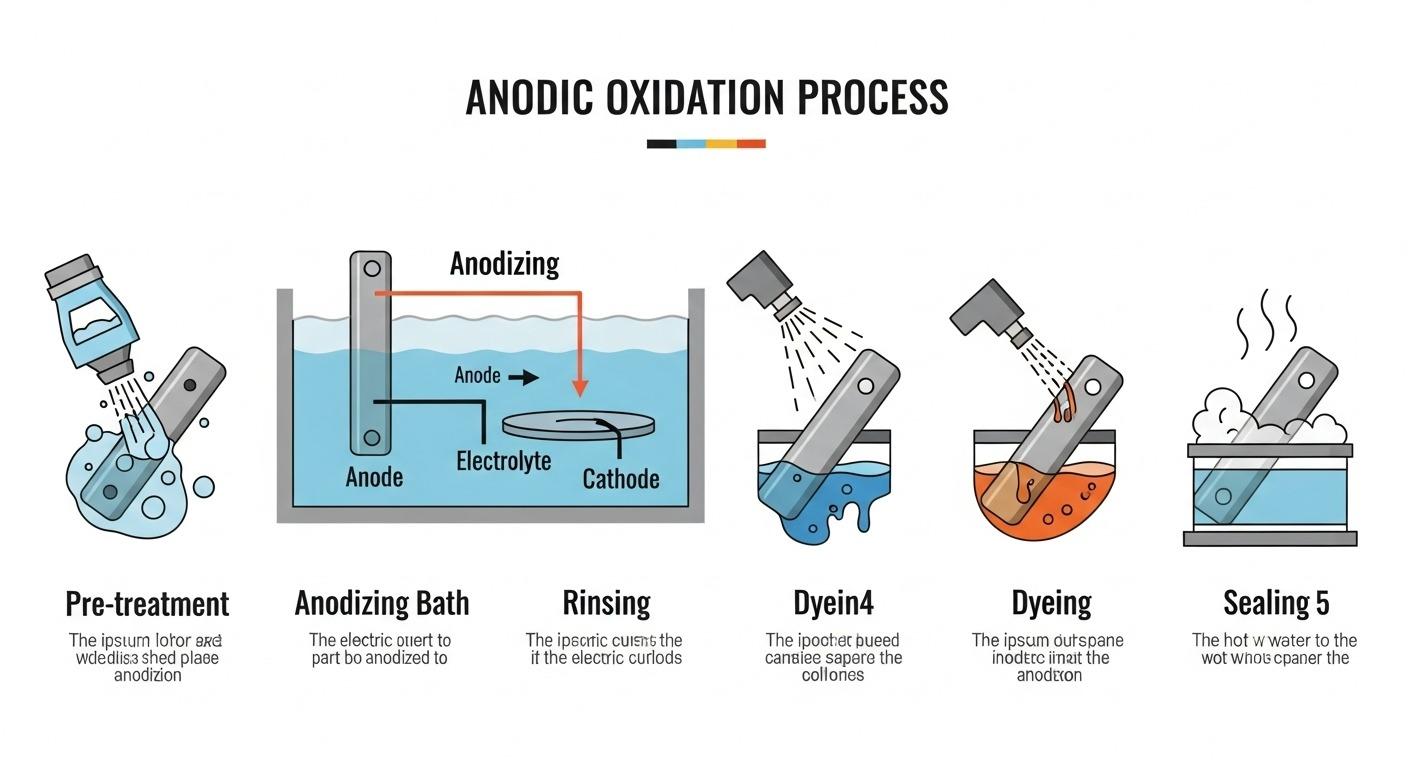 Infographic illustrating the sequential steps of the aluminum anodizing process pre treatment anodizing bath with current flow rinsing dyein