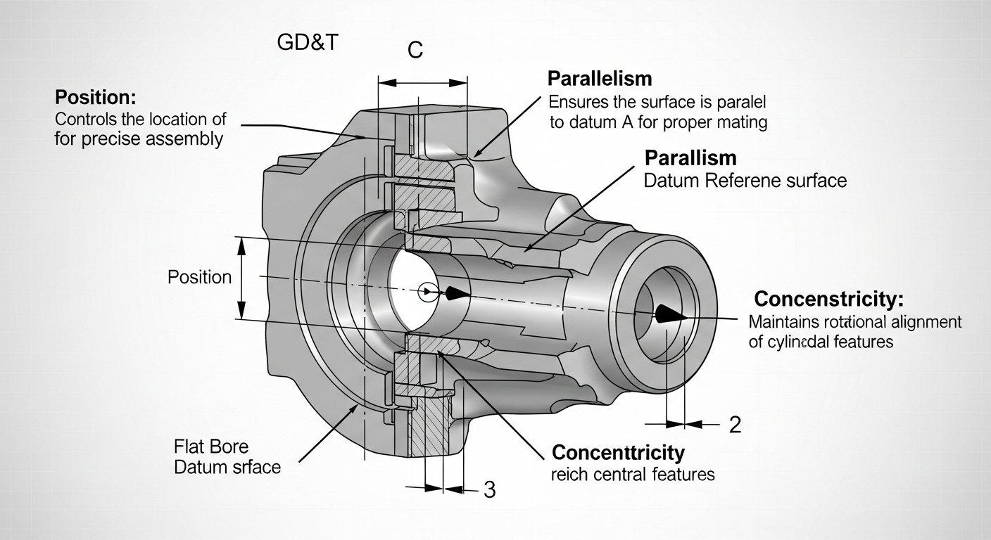 Infografik eines Aluminium-CNC-gefertigten Querschnitts mit GDT-Symbolen. Es zeigt die Anforderungen an die Maßgenauigkeit und erklärt, wie po