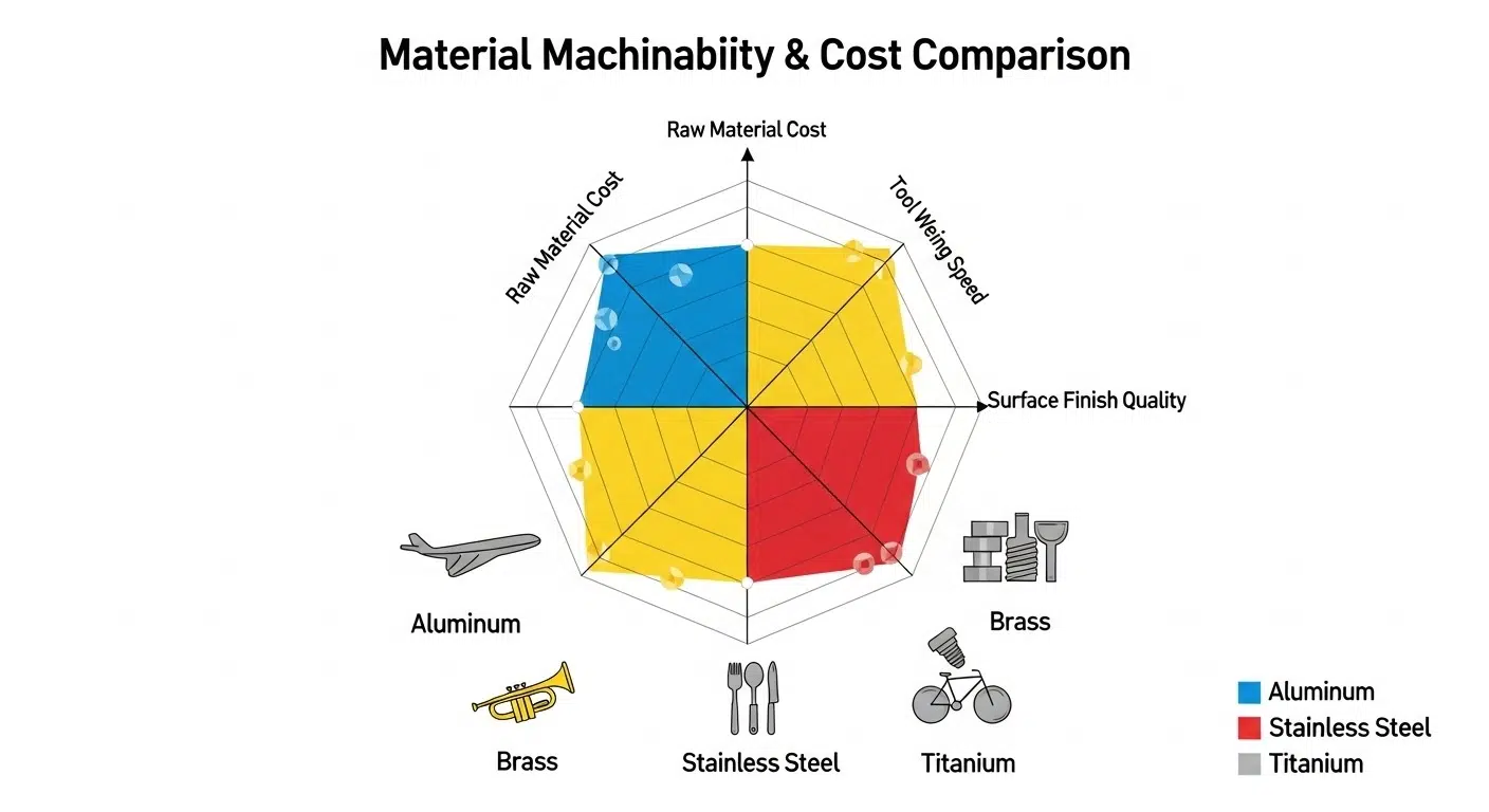 Infografía titulada Comparación de costos de maquinabilidad de materiales detallando cómo el costo de la materia prima, la velocidad de mecanizado, el desgaste de la herramienta y el acabado superficial afectan