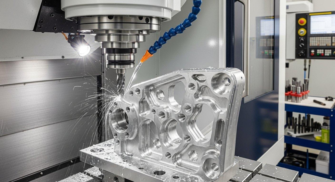 Modern 5 axis CNC machining center precisely cutting an intricate aluminum aerospace component showcasing high precision detailed surface finish