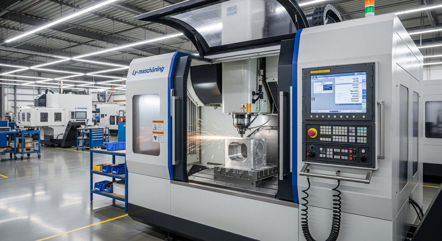Modern 5 axis CNC machining center with an open enclosure in ly machinings clean factory clearly showing the cutting tool precisely shaping a ra