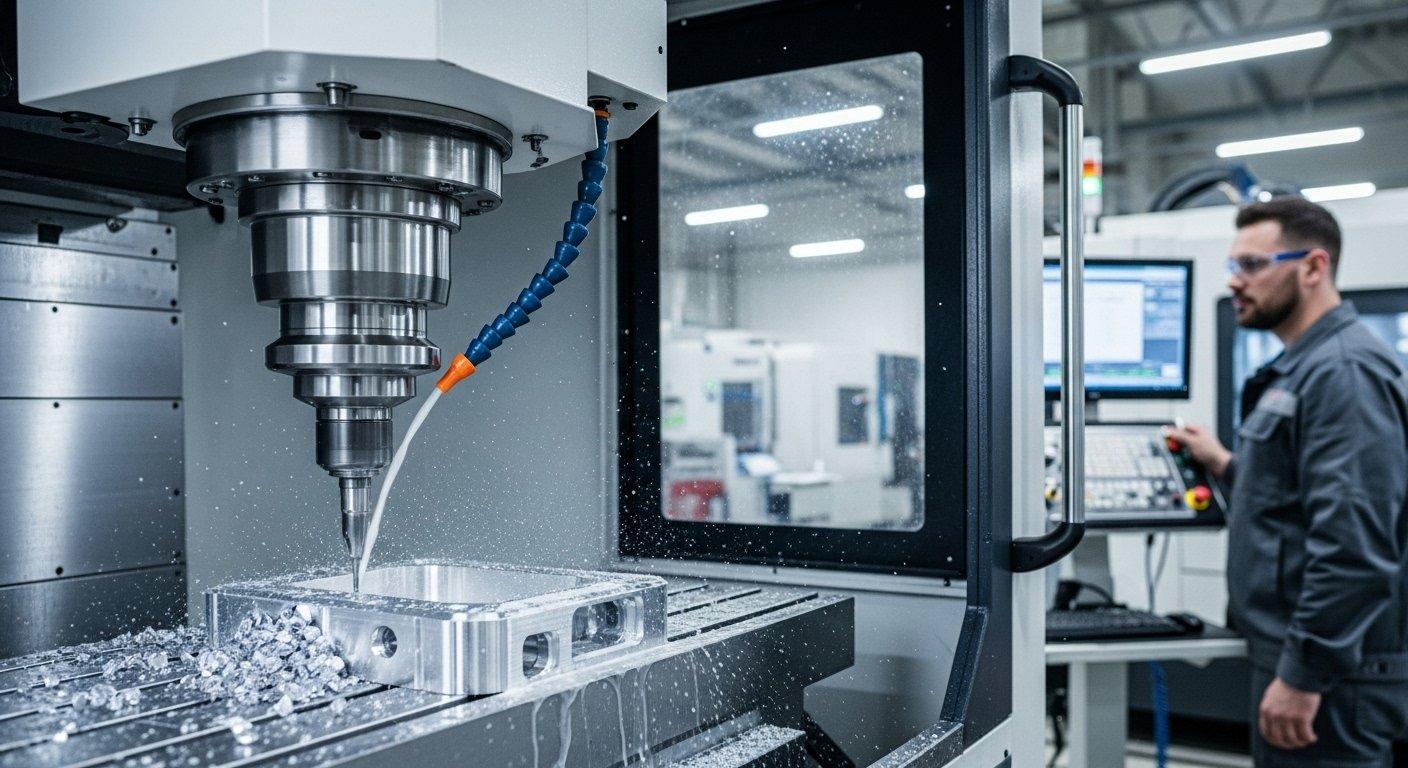 Machine CNC multi-axes usinant précisément une pièce en aluminium avec un outil de coupe visible et un spray de liquide de refroidissement. Un ingénieur qualifié supervise le processus
