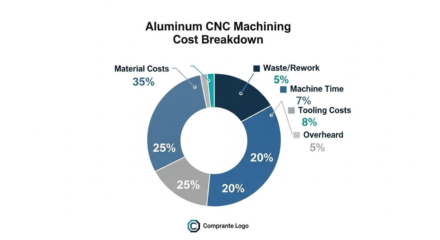 Pie chart infographic detailing aluminum CNC machining cost breakdown illustrating percentages for material labor machine time tooling overhe