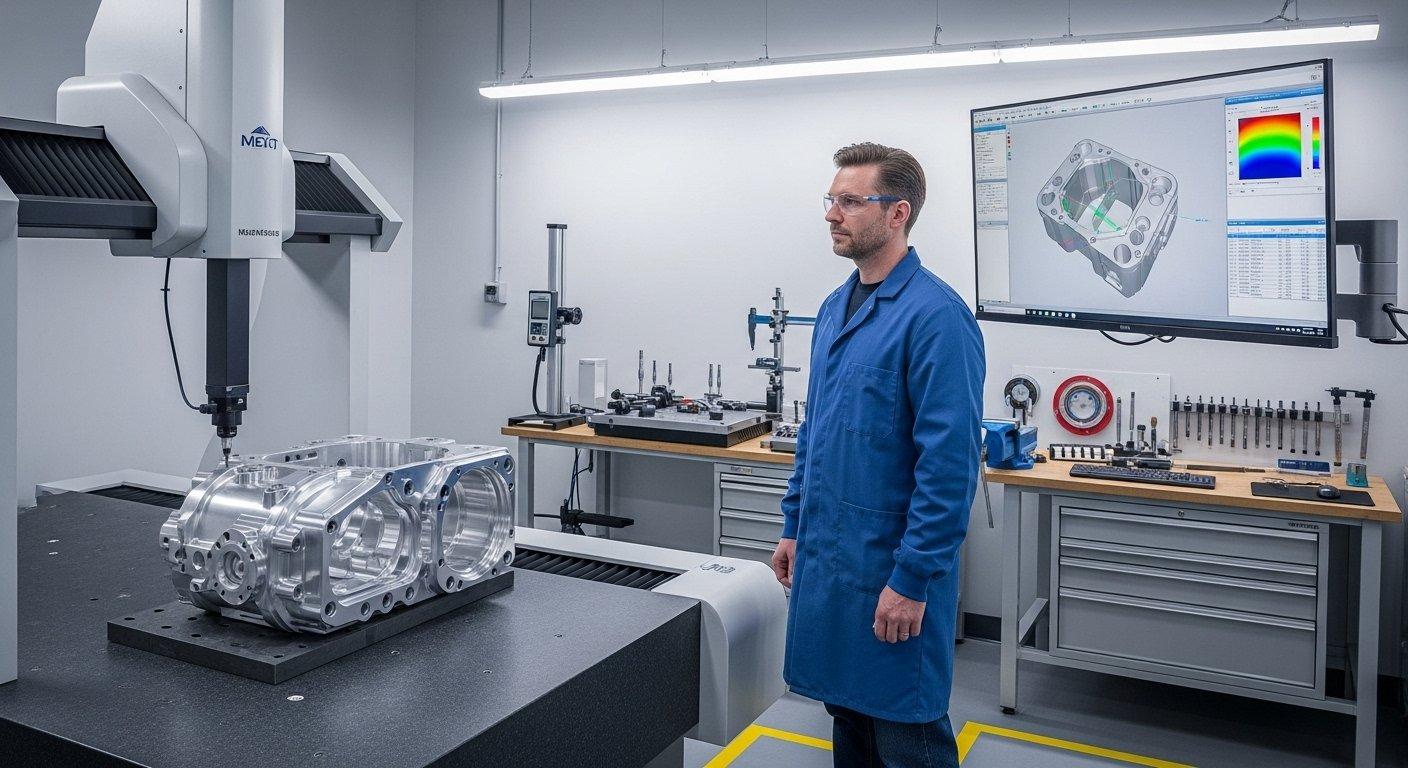 Präzisions-CMM-Messung eines komplexen Aluminium-CNC-gefertigten Teils in einem sauberen Qualitätskontrolllabor. Ein Techniker überwacht die Messergebnisse auf dem Bildschirm