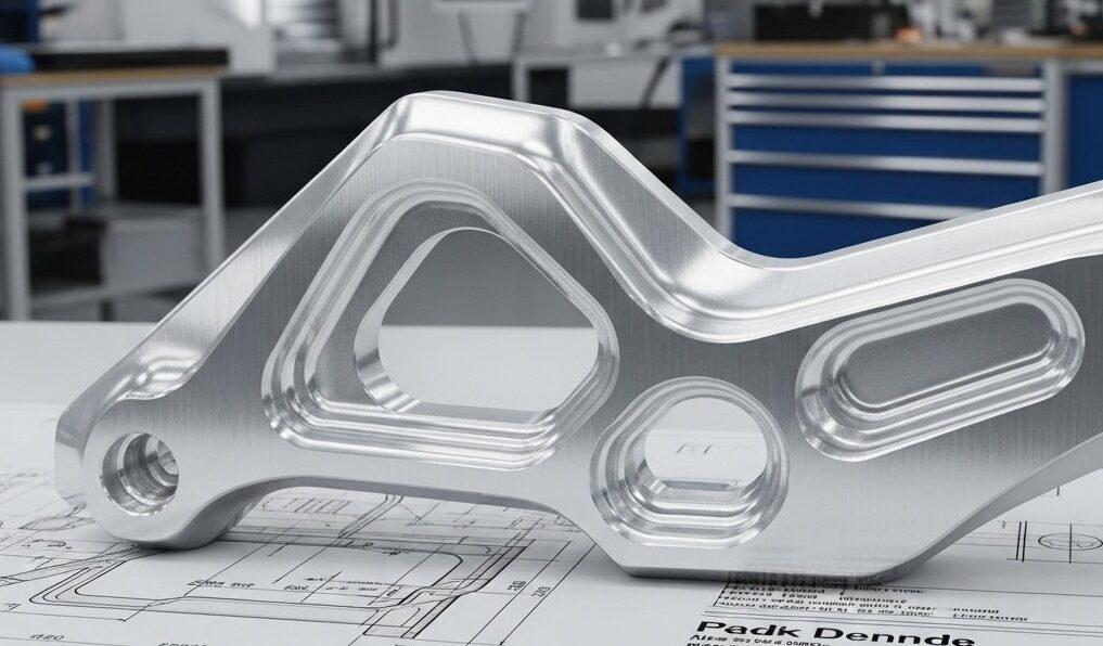 Pièce en aluminium usinée avec précision par CNC avec une géométrie complexe et une finition de surface fine reposant sur un dessin technique dans un atelier CNC moderne