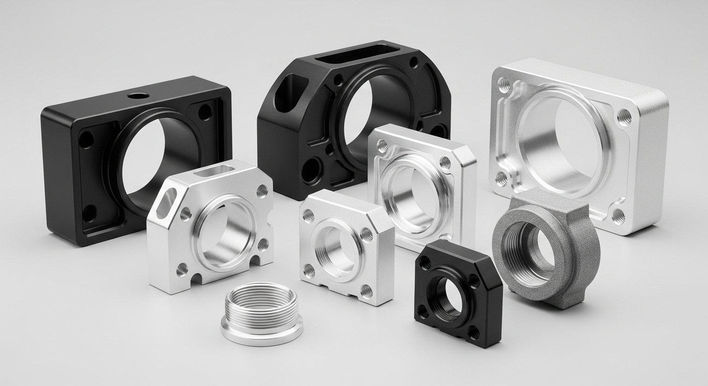 Precision CNC machined aluminum parts collection featuring diverse complex geometries and multiple surface finishes black anodized clear anodize