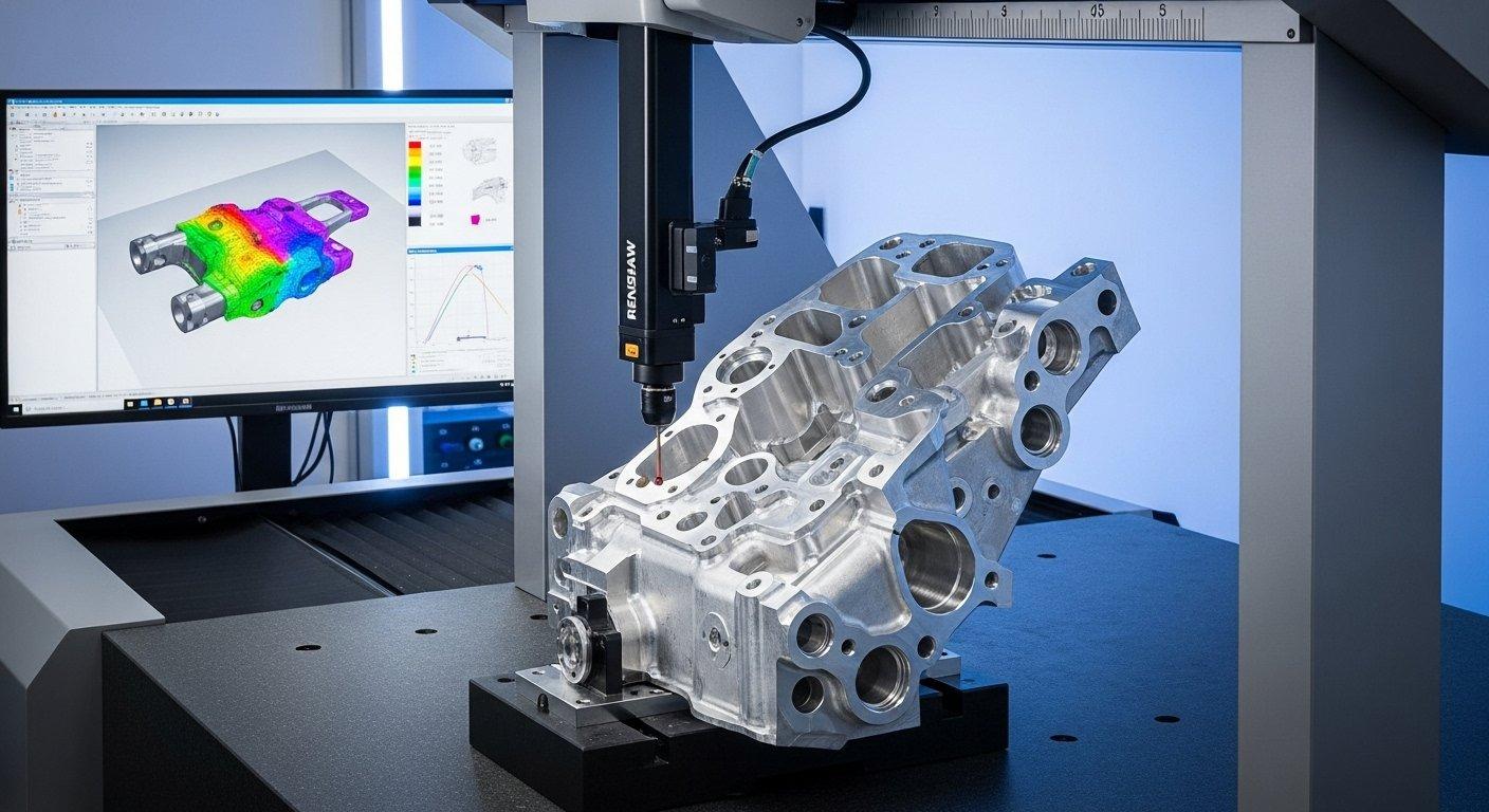 Precision Coordinate Measuring Machine CMM actively inspecting a complex aluminum CNC machined part demonstrating advanced quality control and