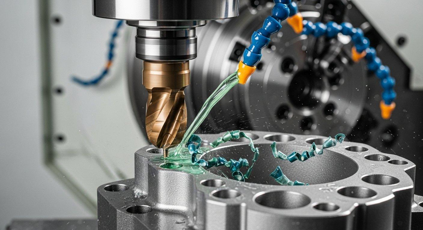 Özel kaplamalı hassas kesici alet, karmaşık bir metal iş parçasını aktif olarak işliyor, keskin kenarlar ve 5 eksenli CNC makinesi içinde hassas detaylar sergiliyor