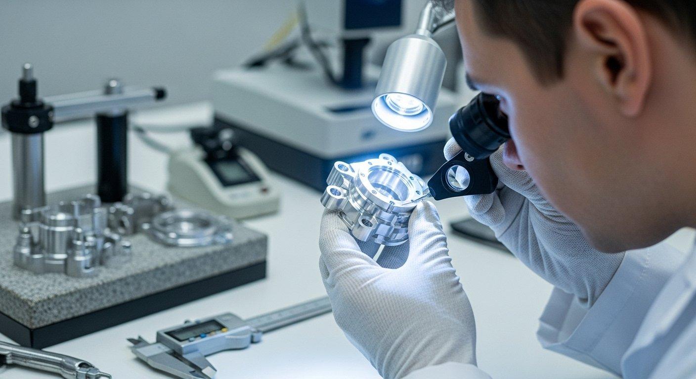 Ingénieur contrôle qualité inspectant méticuleusement la finition de surface d'une pièce en aluminium usinée par CNC dans un laboratoire, essentiel pour obtenir une qualité visuelle optimale