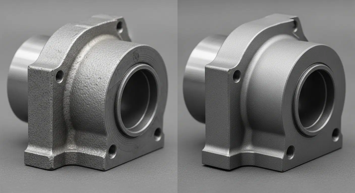 Comparaison côte à côte d'une pièce métallique usinée CNC brute avec des marques d'outil et des bavures visibles à côté de la même pièce après débrutage et une finition raffinée