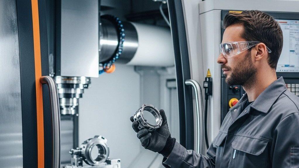 CNC işleme parçaları: Maliyeti en çok hangi faktörler etkiler? 1 Yetenekli mühendis, yüksek teknoloji fabrikasında modern 5 eksenli CNC makinesiyle hassas şekilde işlenmiş metal parça inceliyor ve hassasiyeti gösteriyor e e1759112551311