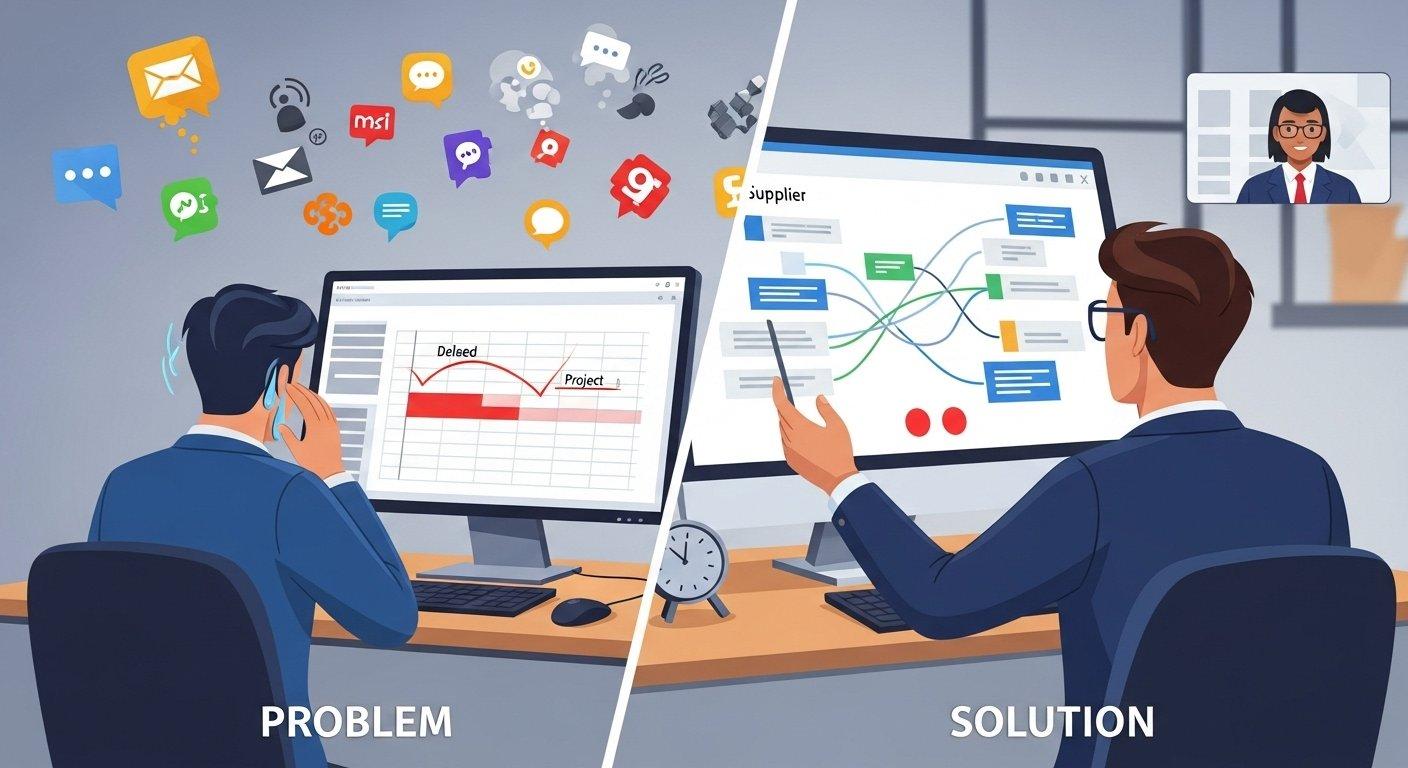 Split image comparing project outcomes A distressed engineer dealing with delays from poor communication left versus a confident engineer ensur