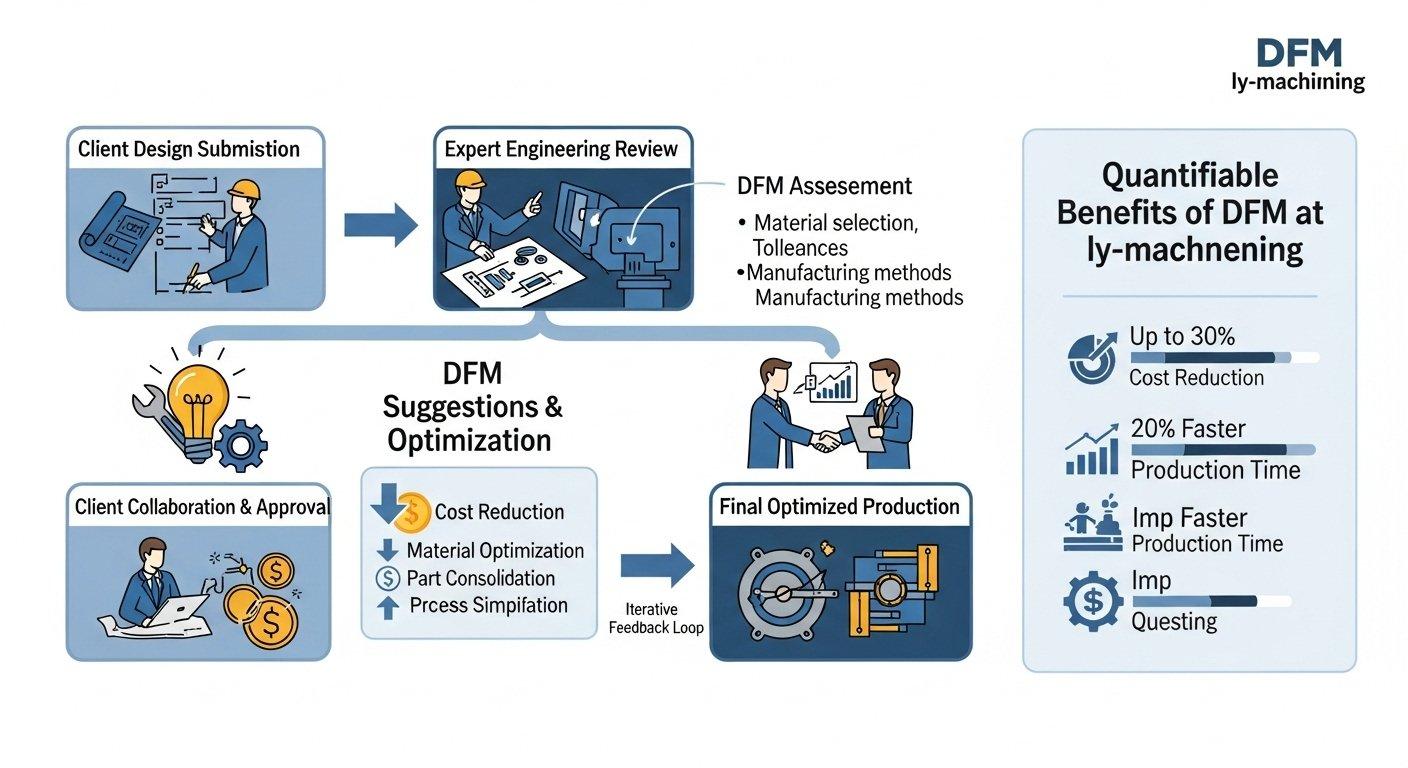 Infographie du processus étape par étape de la conception DFM pour l'optimisation de la fabricabilité par ly machining illustrant la collaboration en ingénierie