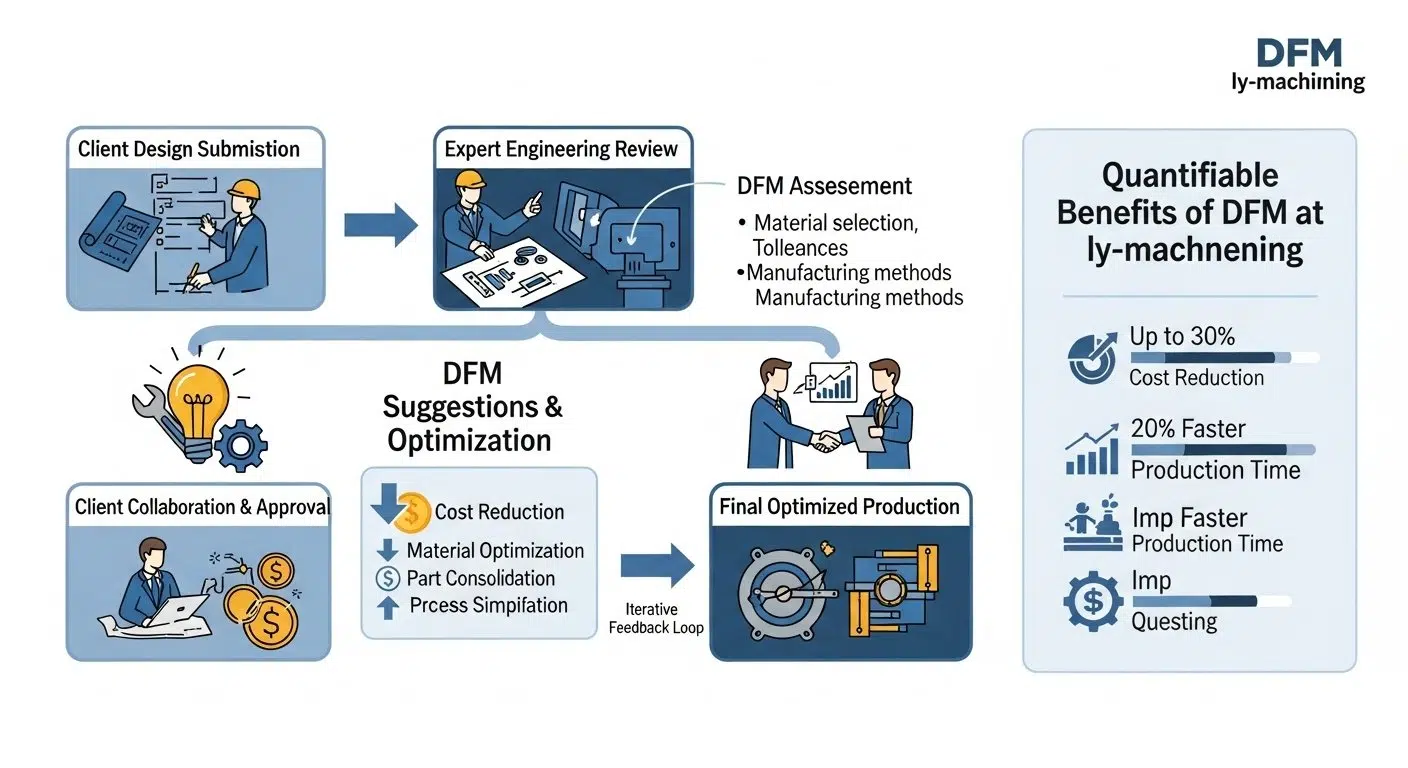 Adım adım DFM Üretilebilirlik Tasarımı optimizasyonu süreç akış diyagramı infografiği, işbirlikçi mühendisliği gösteren CNC işleme