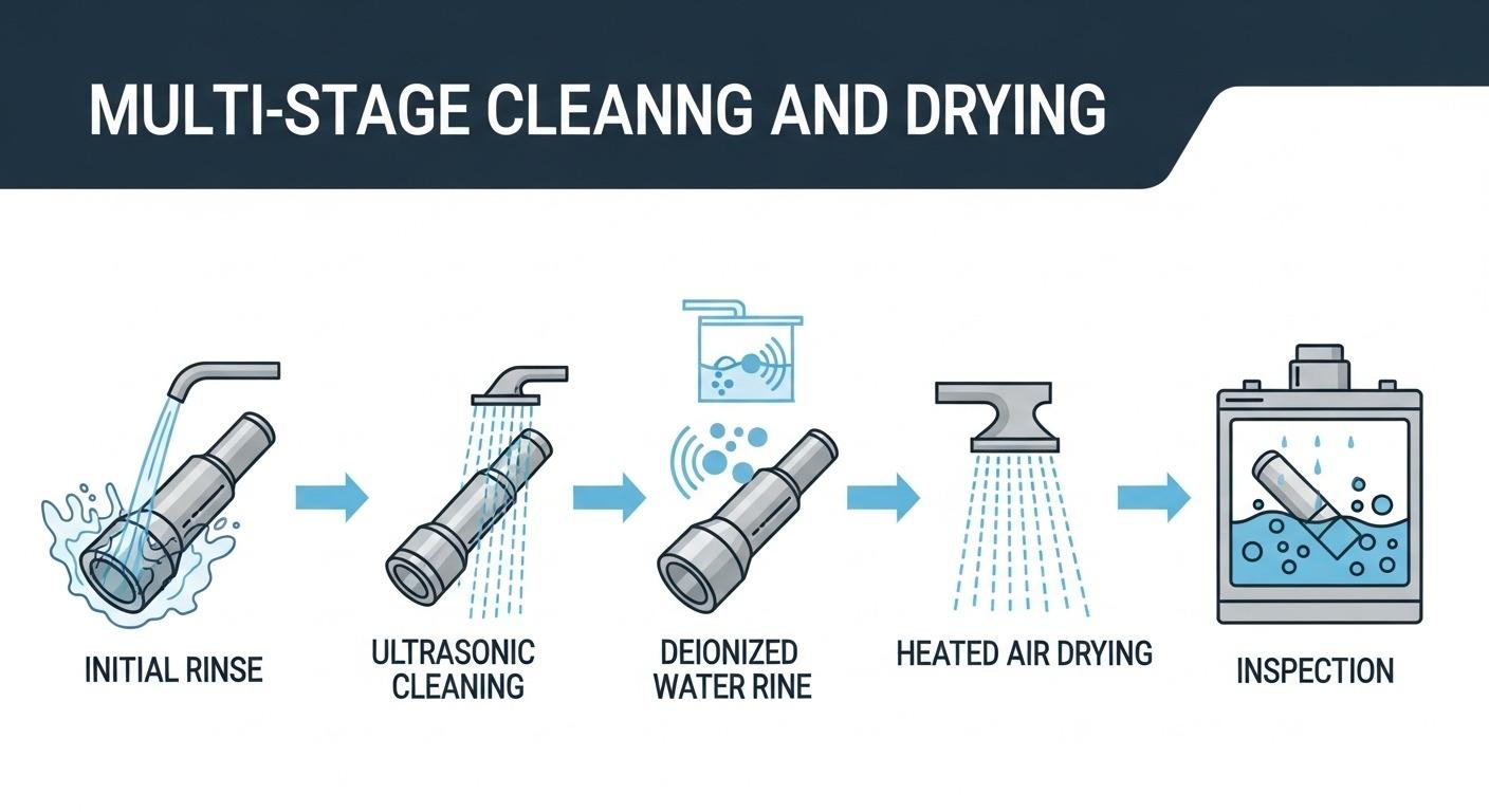 Systematic multi stage cleaning and drying process for CNC aluminum parts illustrating initial rinse ultrasonic cleaning deionized water rinse