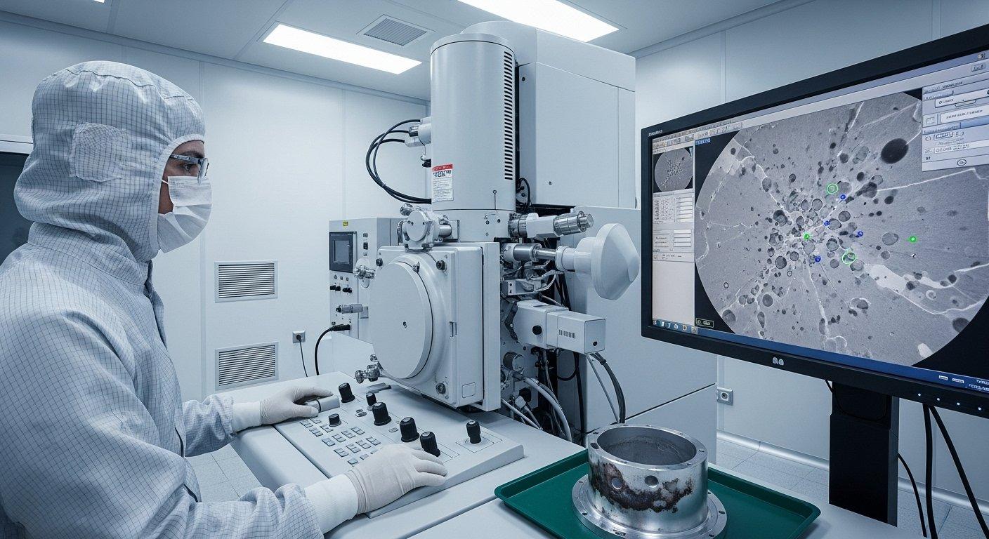 Technician in a cleanroom conducting advanced scanning electron microscope SEM analysis on a discolored CNC aluminum part to diagnose surface wh