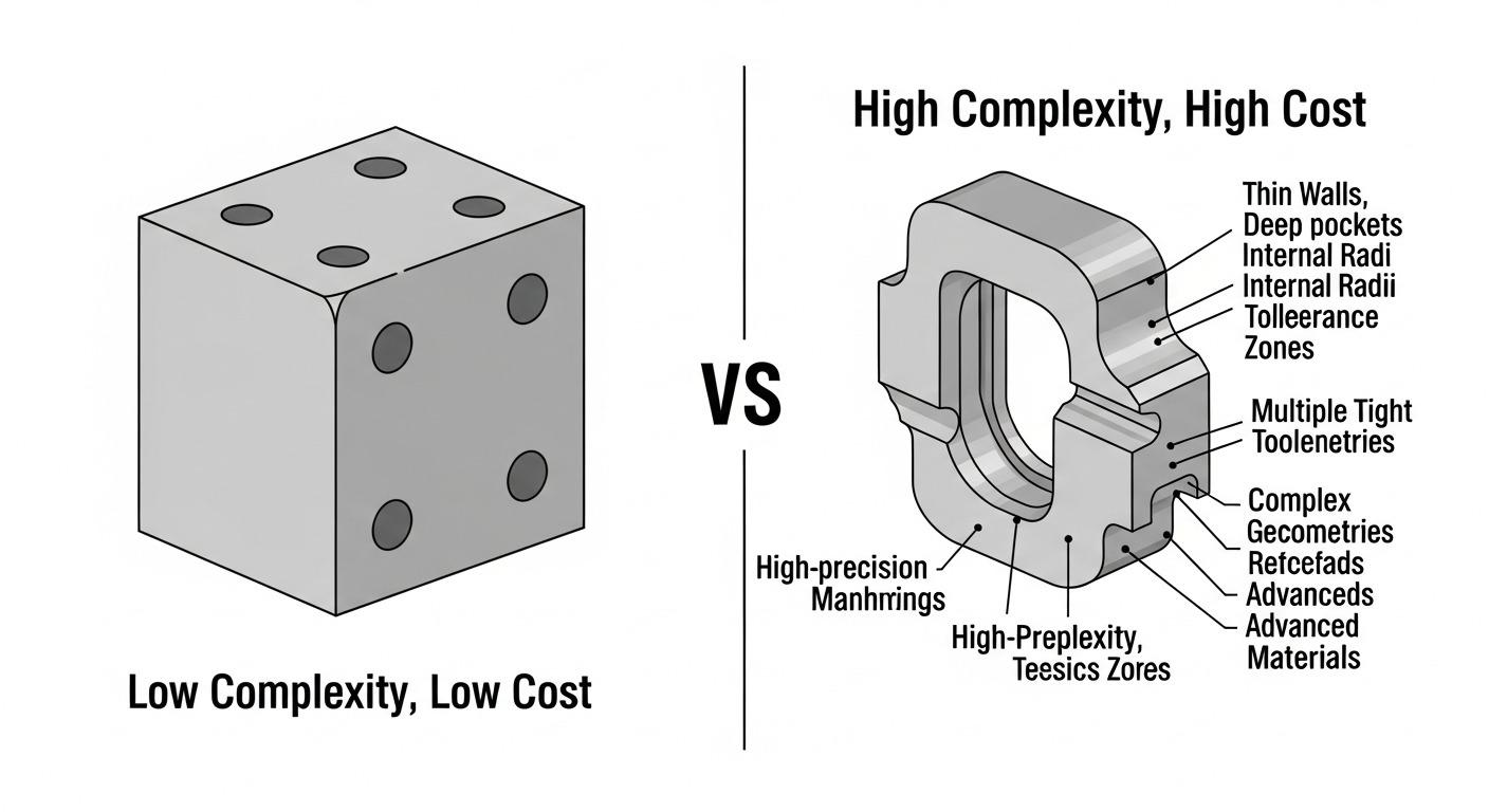 CNC işlemede temel tasarım özellikleri ve maliyet etkilerini gösteren vektör diyagramı, basit düşük maliyetli bir parça ile karmaşık yüksek maliyetli bir parçayı karşılaştırıyor
