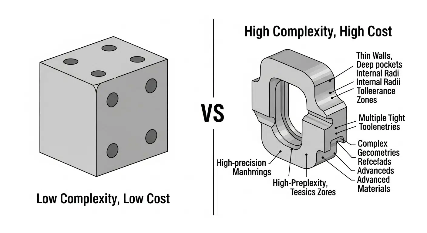 Diagrama vectorial que ilustra las características clave del diseño y su impacto en el costo en el mecanizado CNC, comparando una pieza sencilla de bajo costo con una de alto costo