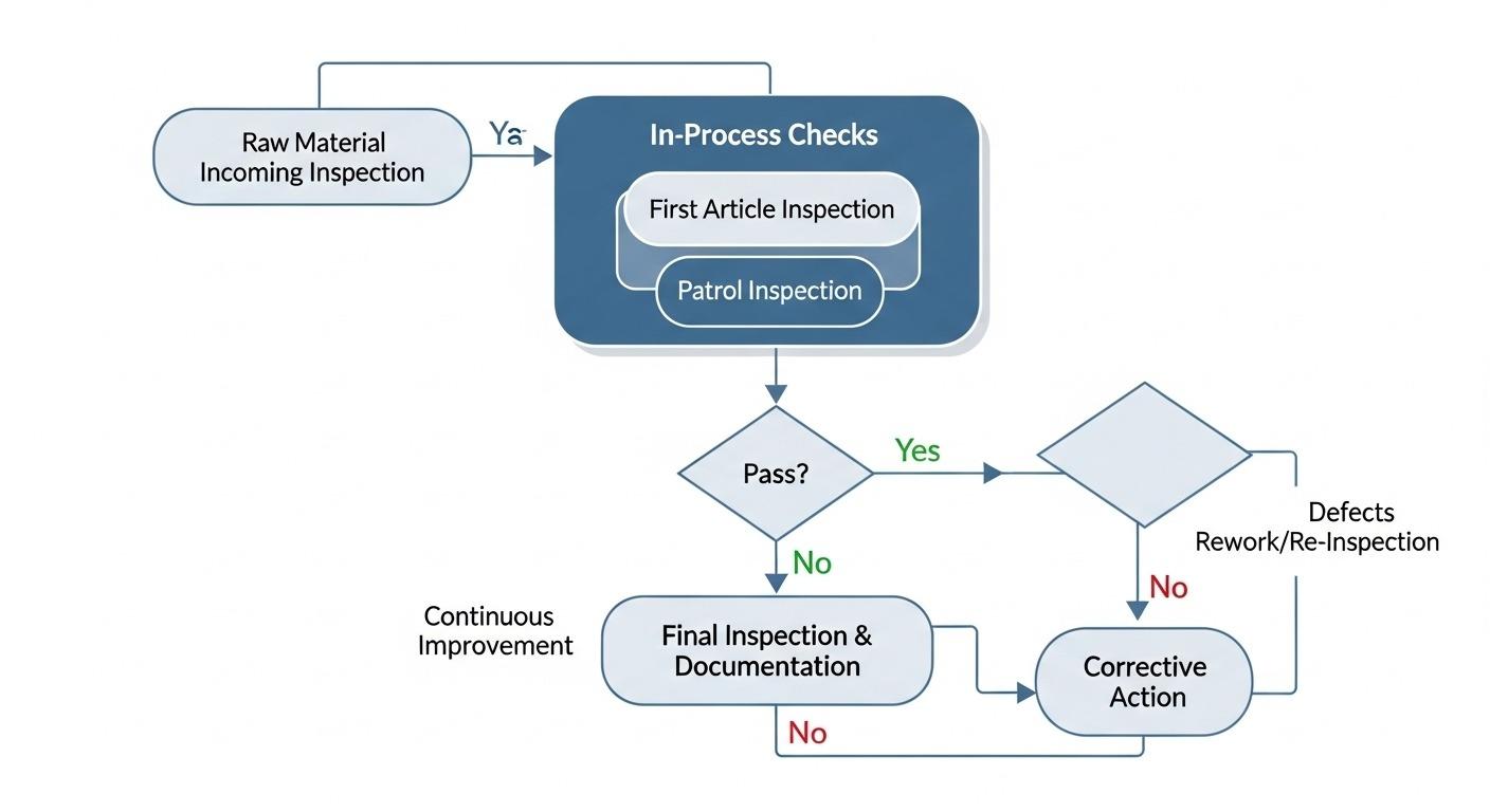 Vektorgrafik eines Flussdiagramms, das einen mehrstufigen Qualitätskontrollprozess darstellt, einschließlich Eingangskontrolle des Rohmaterials, Zwischenprüfungen, Erststückkontrolle