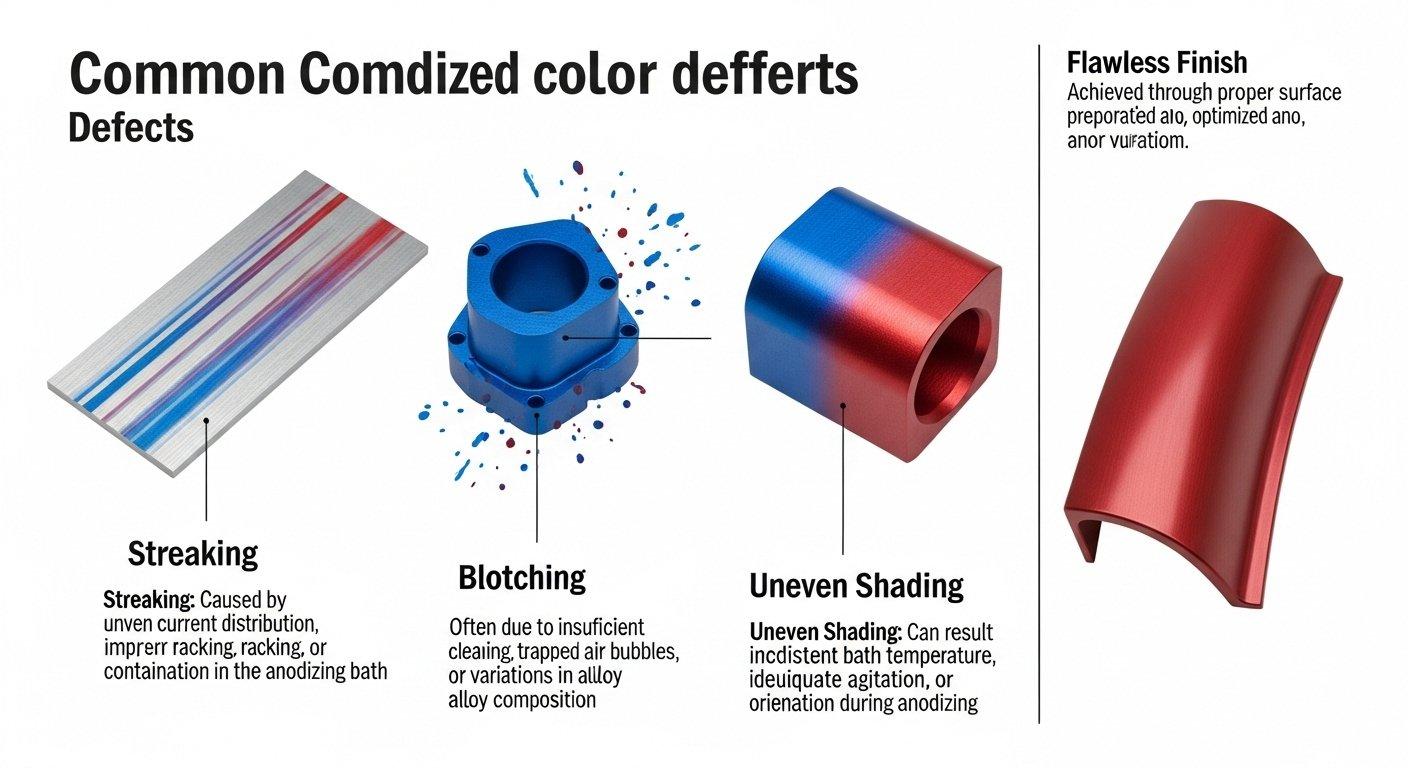 Vector graphic illustrating common anodized color defects like streaking blotching and uneven shading on aluminum CNC machined parts contrasted