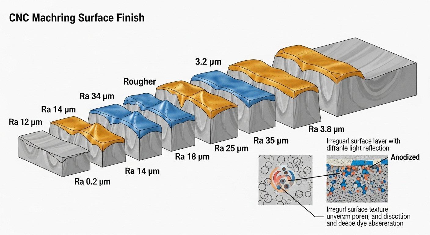 Vector graphic illustrating how varying CNC machining surface finishes from smooth to rough Ra values impact anodizing color absorption and ov