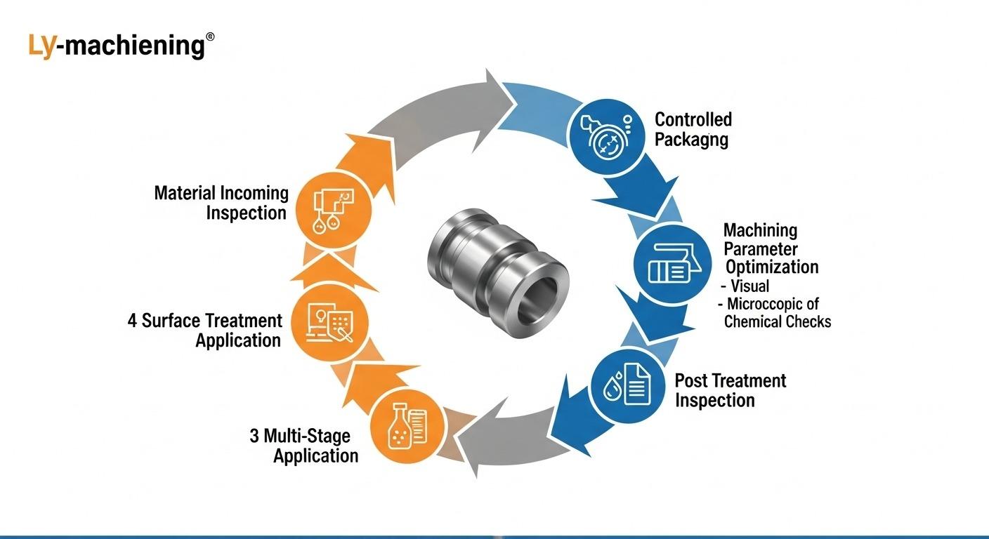 Vector graphic illustrating ly machinings quality control process for surface finishes of CNC aluminum parts. The diagram shows a circular flow i
