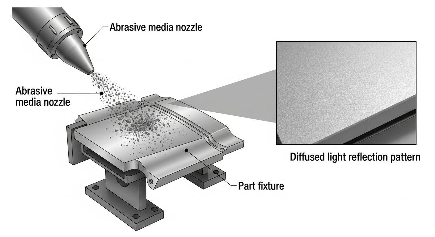 Graphique vectoriel illustrant le processus de sablage sur une pièce en aluminium usinée CNC montrant le média abrasif impactant pour créer des micro-cratères