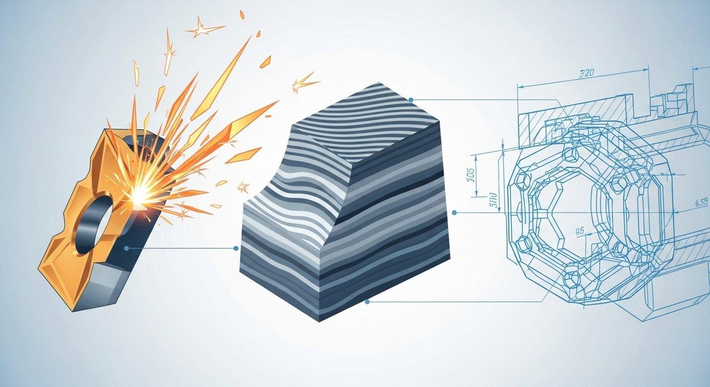 Ilustración vectorial que muestra materiales especializados para mecanizado CNC, un componente cerámico duro con chispas, una pieza compuesta con capa de fibra visible