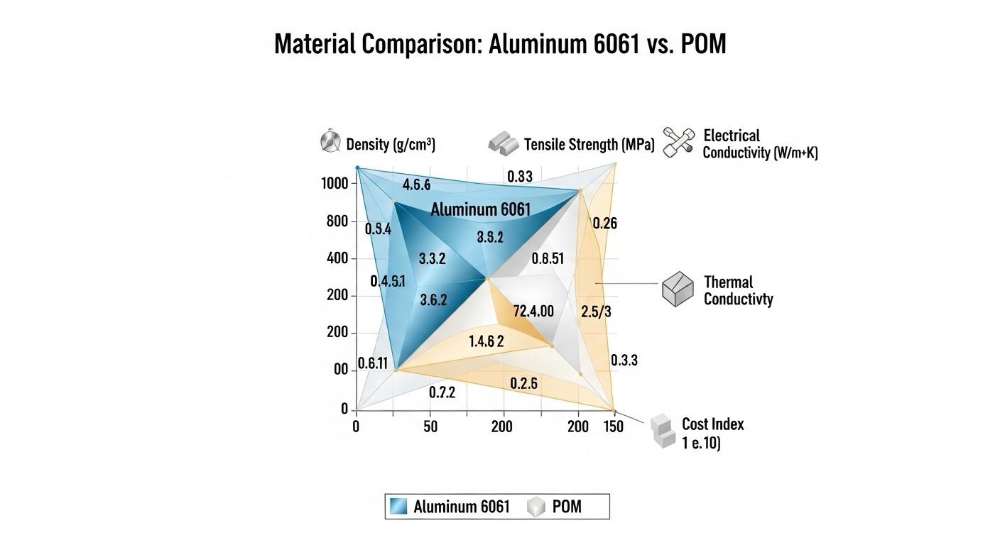 Infografía vectorial que compara las propiedades clave de los materiales de aluminio 6061 y plástico de ingeniería POM, incluyendo densidad, resistencia a la tracción, electricidad