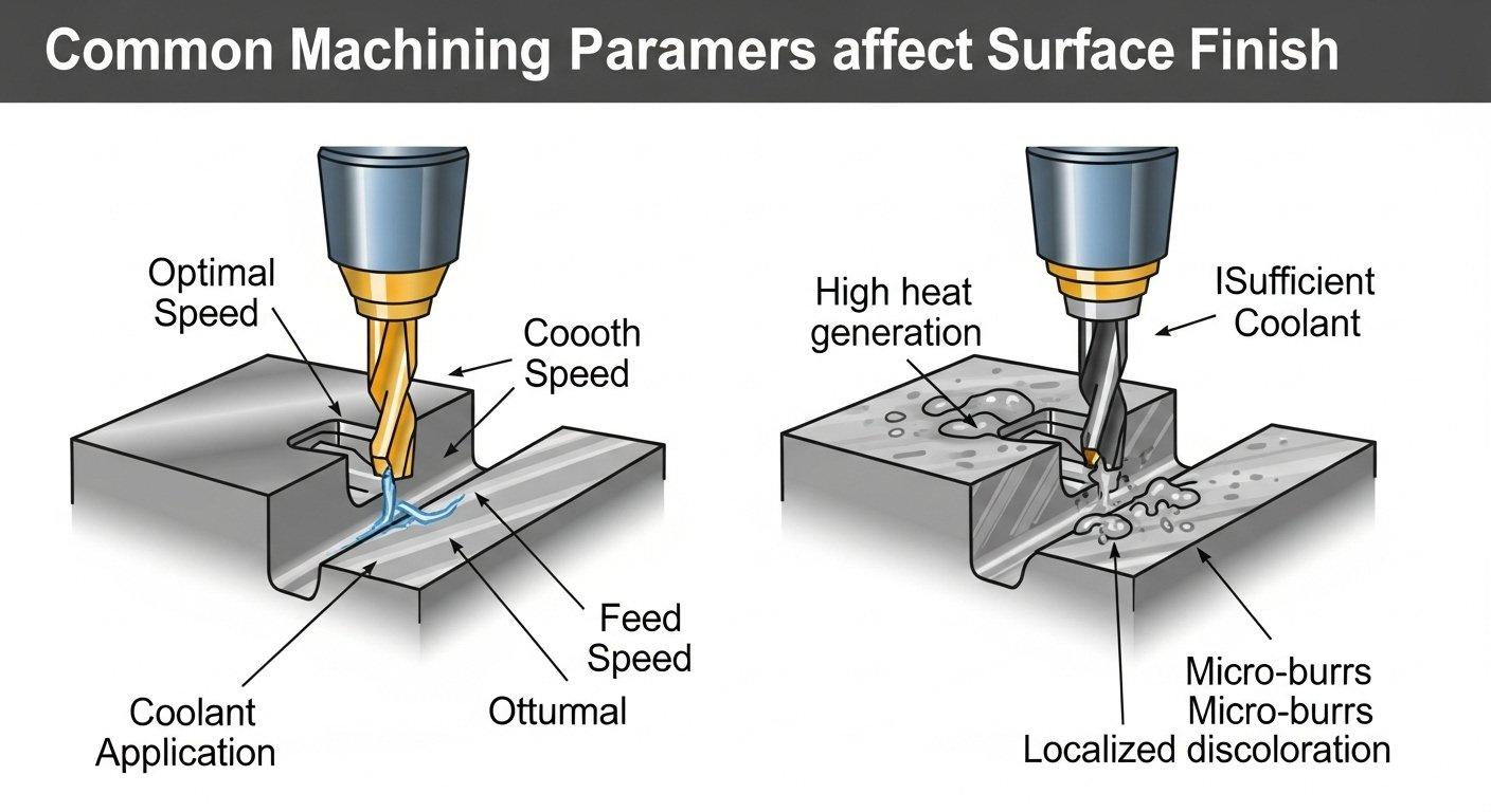 Visual comparison of CNC machining parameters impact on aluminum surface quality optimal settings produce a smooth finish while a dull tool hi