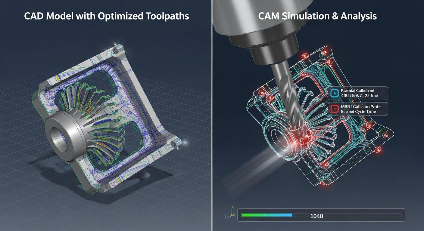 Infographic comparing optimized CAM toolpaths for a 3D CAD aluminum part with a CNC machining simulation, demonstrating tool efficiency and collision detection for aluminum CNC cost control.