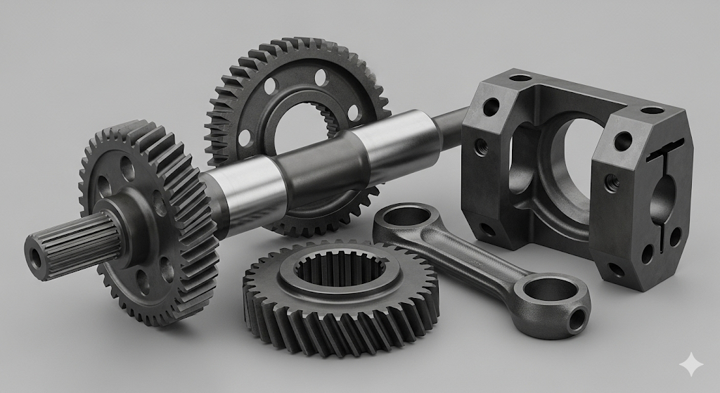 Professionelles Produktfoto, das eine Sammlung fertiger CNC-gefräster Teile aus gehärtetem und angelassenem Stahl zeigt. Einschließlich Zahnräder, Splines