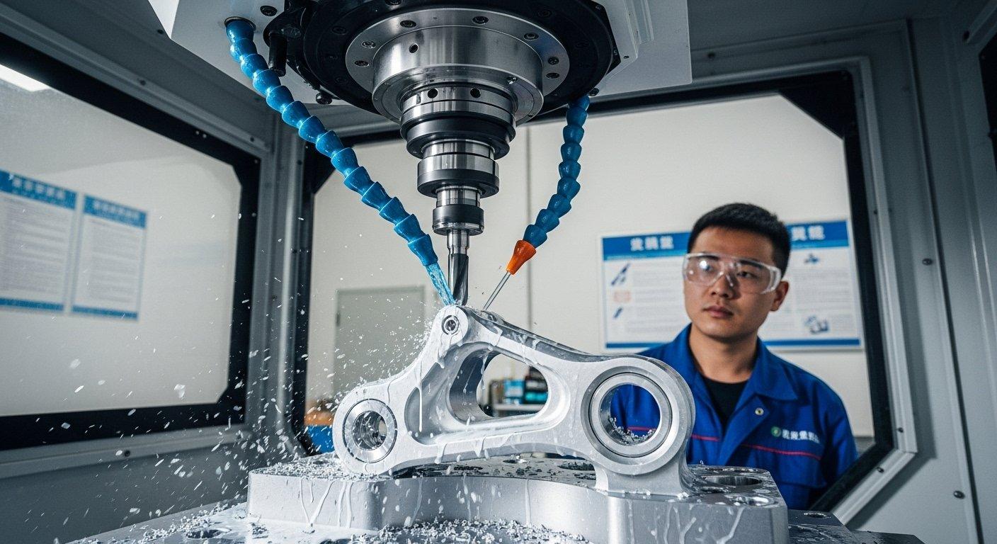 5 axis CNC machine precisely cutting an aluminum bicycle suspension linkage component. The visible cutting tool and flowing coolant highlight adva