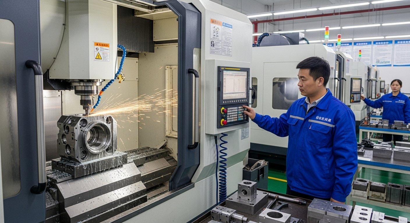 Centre d'usinage CNC à 5 axes, fraiseuse de précision, usinant un boîtier de caméra en métal complexe à partir d'un bloc solide avec des étincelles visibles et un liquide de refroidissement illustrant le