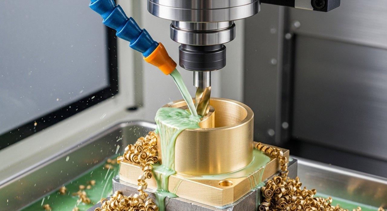 Una máquina CNC que está mecanizando activamente una pieza de latón, con refrigerante de inundación dirigido con precisión a la zona de corte. El refrigerante elimina visiblemente las virutas, demostrando su eficacia en la gestión térmica y la evacuación de virutas para un rendimiento de mecanizado óptimo.