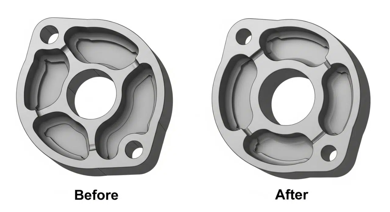 Une image de comparaison avant et après illustrant l'optimisation de la conception pour la fabricabilité (DFM) sur une pièce usinée par CNC. Le côté Avant montre