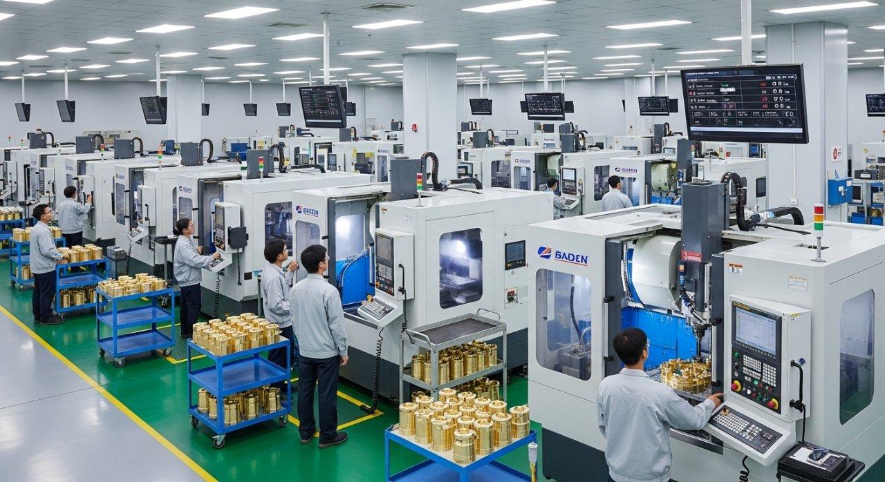 Ein sauberes, modernes ly-machining-Fabrikgelände, hell erleuchtet und hochorganisiert, mit mehreren hochpräzisen CNC-Maschinen, die aktiv produzieren