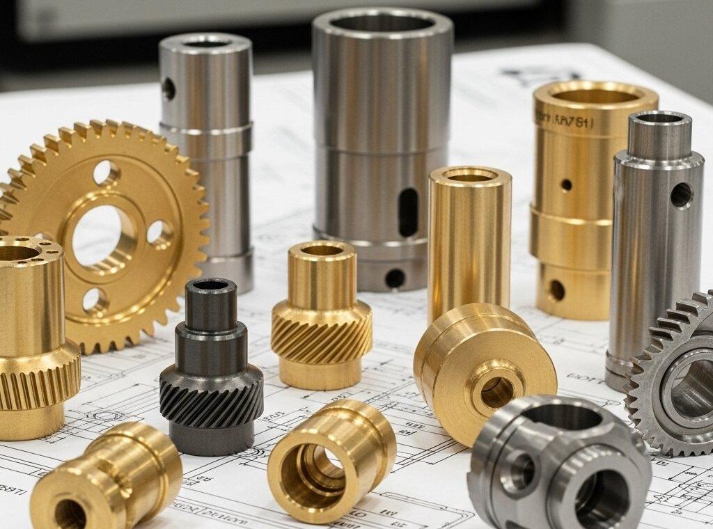 Una foto moderna y limpia que muestra una disposición artística de varias piezas de precisión en latón mecanizadas por CNC en un plano técnico. La colección diversa co 1 e1761217300155