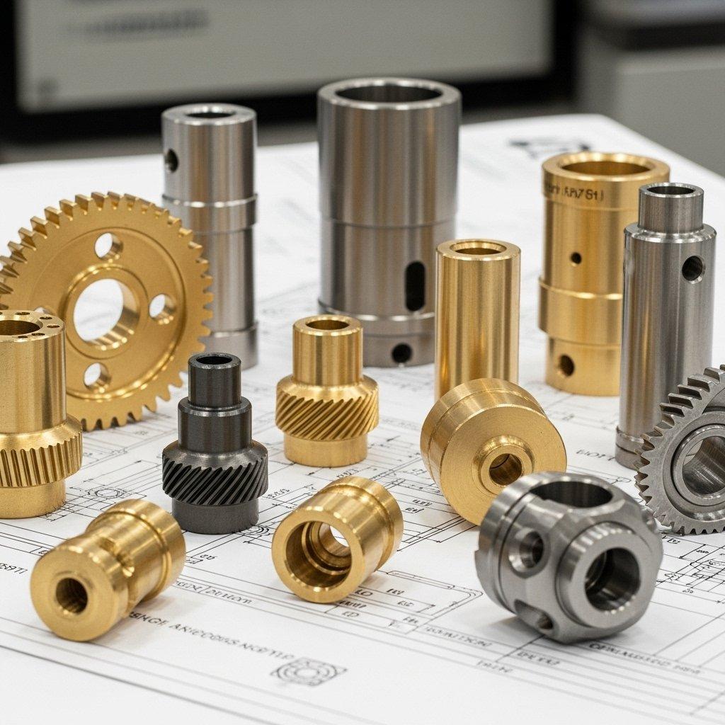 Una foto limpia y moderna que muestra una disposición artística de varias piezas de precisión en latón mecanizadas por CNC en un plano técnico. Los componentes diversos resaltan detalles intrincados, geometrías complejas y acabados superficiales superiores, enfatizando la calidad y precisión en la fabricación en un entorno sutilmente borroso y de alta tecnología.