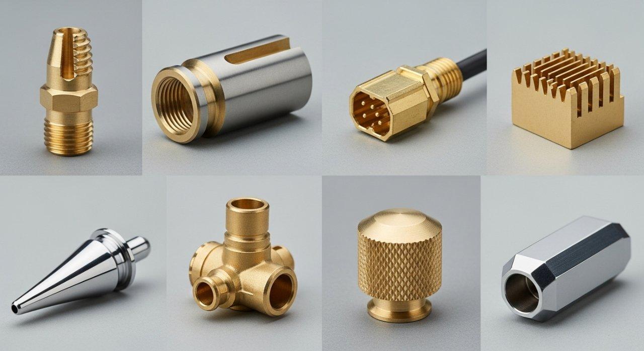 Un collage limpio y bien iluminado que presenta una variedad diversa de componentes de latón terminados, producidos con precisión mediante mecanizado. Estas piezas, exhibidas sobre un fondo neutro, representan varias industrias incluyendo automoción, electrónica, médica y bienes de consumo, mostrando una amplia gama de tamaños y complejidades y destacando las capacidades de fabricación versátiles de la fábrica.