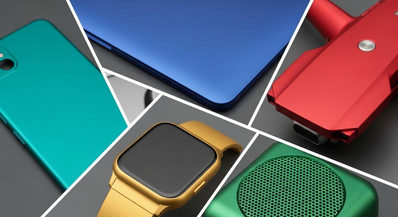 A close-up collage showcasing several distinct anodized aluminum electronic product components, such as vibrant smartphone frames, laptop covers, and drone body parts. Each piece is perfectly anodized in a different, vivid color, highlighting the factory's advanced capabilities in achieving diverse, consistent, and high-quality color matching.