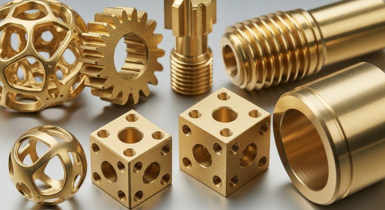 Nahaufnahme einer Sammlung hochpräziser Messingkomponenten, die die fortschrittlichen CNC-Bearbeitungskapazitäten von ly-machining demonstrieren. Jedes Teil hebt komplexe Gewinde, kleine Löcher, dünne Wände und komplexe Geometrien mit makellosen Oberflächenfinishs hervor, um enge Toleranzen für kundenspezifische technische Anwendungen zu gewährleisten.