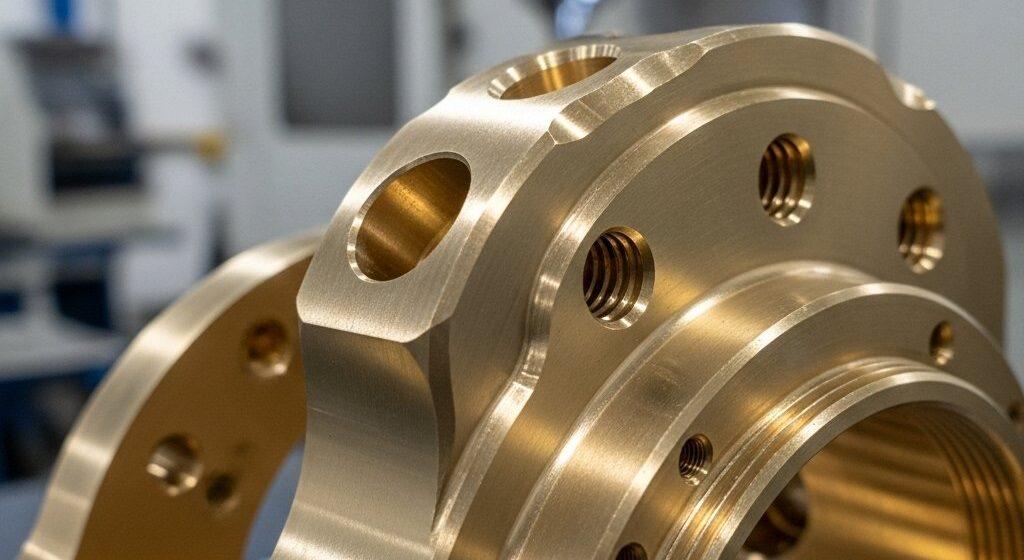 Nahaufnahme, hochauflösendes Bild eines perfekt bearbeiteten, filigranen Messingbauteils, das eine makellose Oberflächenbeschaffenheit zeigt, die subtil das Umgebungslicht reflektiert.